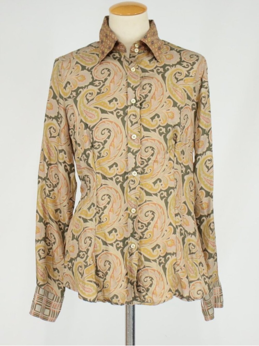 Etro Silk Made in Italy Paisley Button-Up Blouse in Cream, Olive & Blush